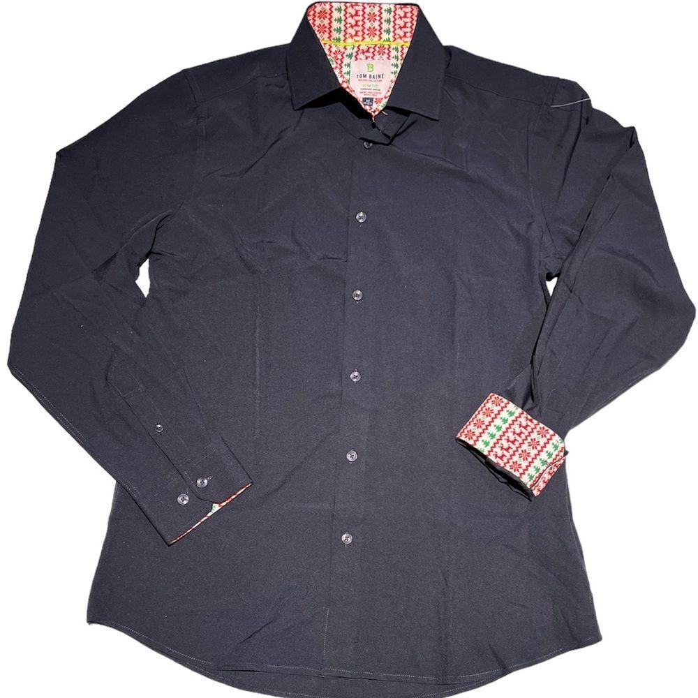 Tom Baine Navy Blue‎ Christmas Holiday Dress Shirt NWOT